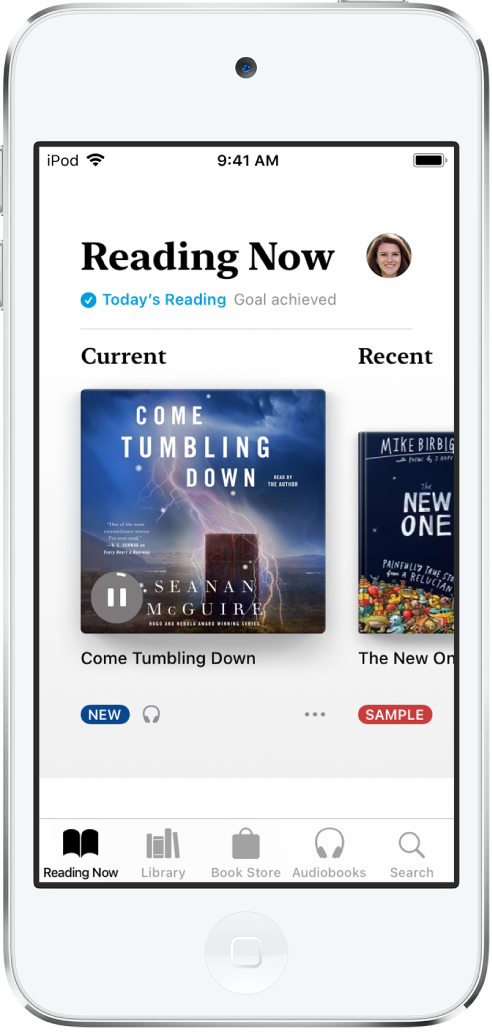 Pantalla Leyendo seleccionada en la app Libros. En la parte inferior de la pantalla, de izquierda a derecha, se muestran las pestañas Leyendo, Biblioteca, Tienda, Audiolibros y Buscar.