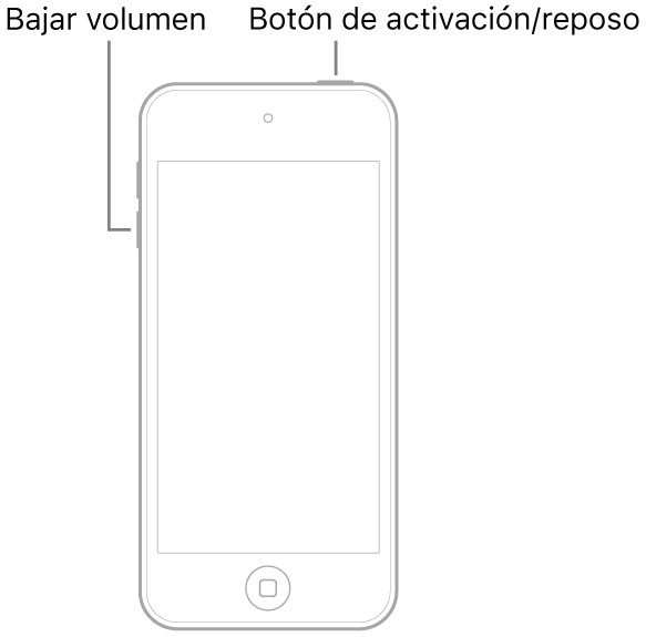 Ilustración de un iPod touch con la pantalla hacia arriba. En la parte superior del dispositivo está el botón de activación/reposo y el botón de bajar volumen se encuentra en el lado izquierdo del dispositivo.
