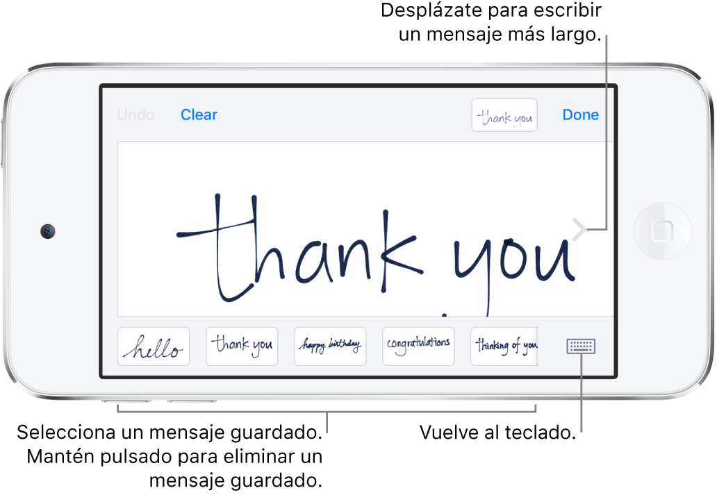 Pantalla para escribir a mano con un mensaje escrito a mano. En la parte inferior de la pantalla, de izquierda a derecha, se encuentran los mensajes guardados y el botón “Mostrar teclado”.