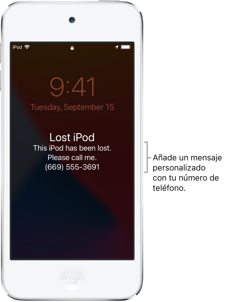 Pantalla bloqueada de un iPod con el mensaje: “iPod perdido. Este iPod se ha perdido. Llámame. 669 555 369”. Puedes añadir un mensaje personalizado con tu número de teléfono.