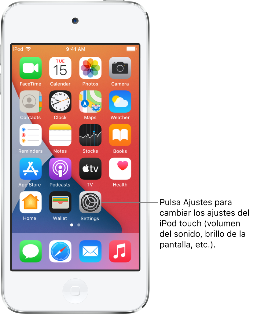 Pantalla de inicio con varios iconos de las apps, entre ellos el icono de la app Ajustes, que puedes pulsar para modificar el volumen o el brillo de la pantalla del iPod touch, entre otros ajustes.