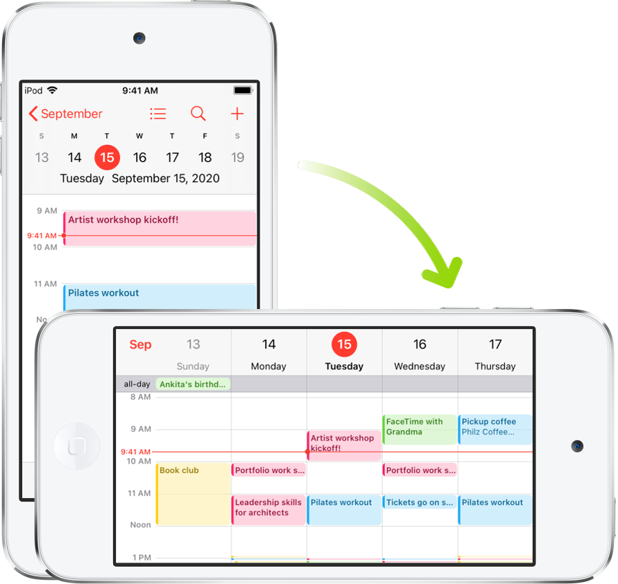 En segundo plano, el iPod touch muestra una pantalla de Calendario, con los eventos de un día en sentido vertical; en primer plano, el iPod touch está girado en horizontal y muestra los eventos de Calendario de toda la semana a la que pertenece ese día.
