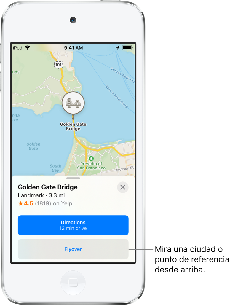Una tarjeta de información del Golden Gate muestra un botón Flyover debajo de un botón de indicaciones.