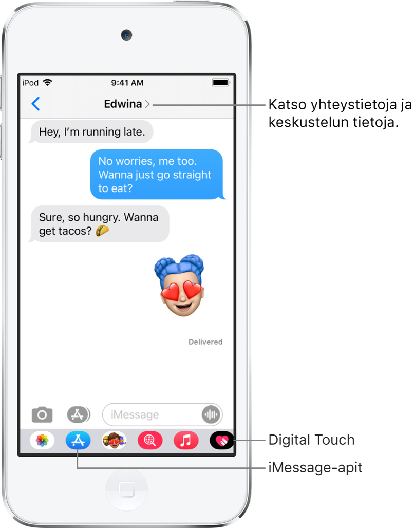 Viestit-keskustelu. Ylhäällä vasemmalta oikealle lueteltuina ovat Edellinen-painike ja viestin vastaanottajan nimi. Keskellä ovat keskustelun aikana lähetetyt ja vastaanotetut viestit. Alareunassa vasemmalta oikealle lueteltuina ovat Kuvat-, Storet-, Hashtag-kuvat-, Musiikki-, Digital Touch- ja iMessage-painikkeet.