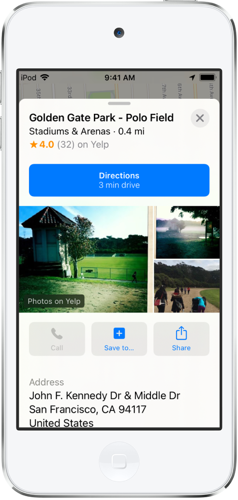 Puiston tietokortti. Lähellä kortin yläreunaa näkyy Reittiohjeet-painike. Reittiohjeet-painikkeen alla näkyy kuvia puistosta. Kuvien alla ovat vasemmalta oikealle lueteltuina painikkeet Soita, Tallenna ja Jaa. Painikkeiden alla näkyy lisätietoja, kuten katuosoite.
