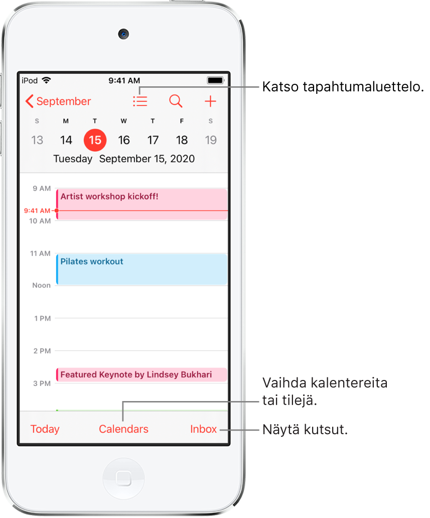 Kalenterinäkymä, jossa näkyvät päivän tapahtumat. Jos haluat muuttaa kalenteritilejä, napauta alareunassa olevaa Kalenterit-painiketta. Voit näyttää kutsut napauttamalla oikeassa alakulmassa olevaa Saapuneet-painiketta.