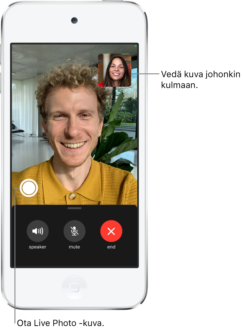 FaceTime-näyttö, jossa näkyy meneillään oleva puhelu. Kuvasi näkyy pienessä suorakulmiossa yläoikealla ja toisen henkilön kuva näkyy koko näytöllä. Näytön alareunassa ovat Kaiutin-, Mykistä-, Käännä- ja Lopeta-painikkeet.