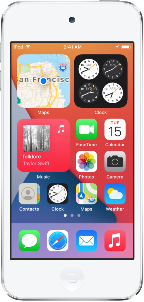 iPod touchin Koti-valikko: Näytön yläpuoliskossa näkyvät Kartat-, Kello- ja Musiikki-widgetit. Musiikki-widgetin oikealla puolella ja näytön alapuoliskolla on appeja.