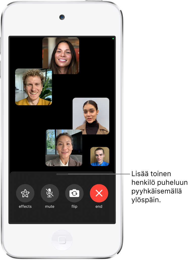 FaceTime-ryhmäpuhelu, jossa on puhelun aloittaja mukaan lukien viisi osallistujaa. Kukin osallistuja näkyy omassa ruudussaan. Näytön alareunassa ovat Tehosteet-, Mykistä-, Käännä- ja Lopeta-säätimet.