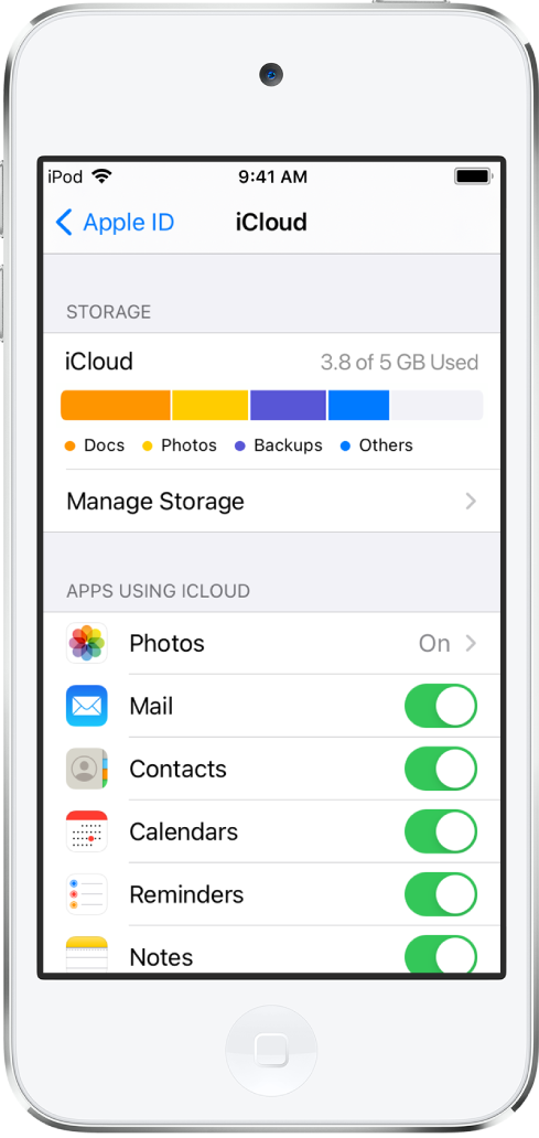 iCloud-asetusnäyttö, jossa näkyy iCloud-tallennustilan mittari, sekä luettelo apeista ja ominaisuuksista, joita voidaan käyttää iCloudin kanssa – kuten Mail, Yhteystiedot ja Viestit.