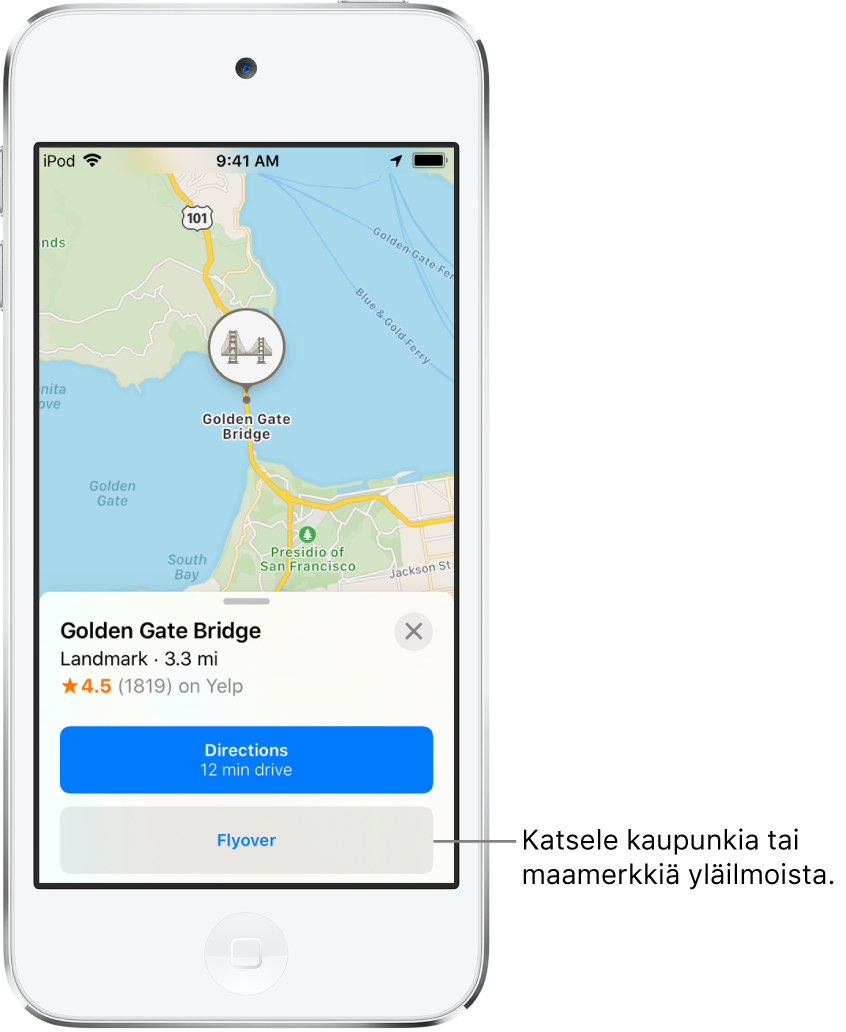 Golden Gate -sillan tietokortissa näkyy Flyover-painike Reittiohjeet-painikkeen alapuolella.