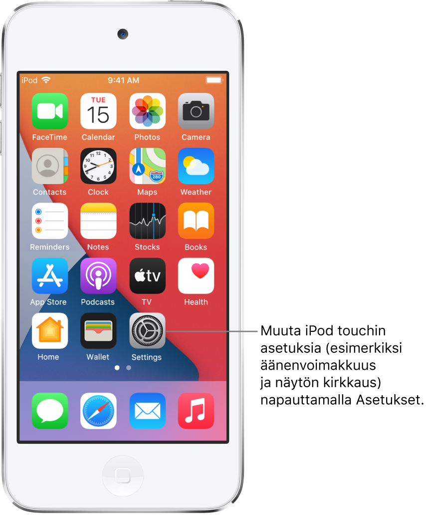 Koti-valikko, jossa näkyy useita appikuvakkeita, muun muassa Asetukset-apin kuvake, jota napauttamalla voit muuttaa esimerkiksi iPod touchin äänenvoimakkuutta ja näytön kirkkautta.