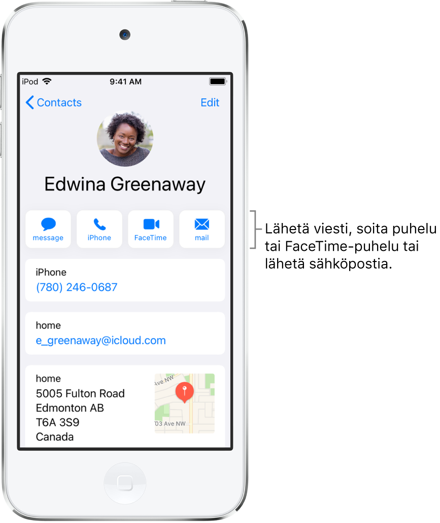 Yhteystiedon tietonäyttö. Yläreunassa on yhteystiedon kuva ja nimi. Alla ovat painikkeet viestin lähettämiselle, puhelun soittamiselle, FaceTime-puhelun soittamiselle ja sähköpostiviestin lähettämiselle. Painikkeiden alla on yhteystiedot.