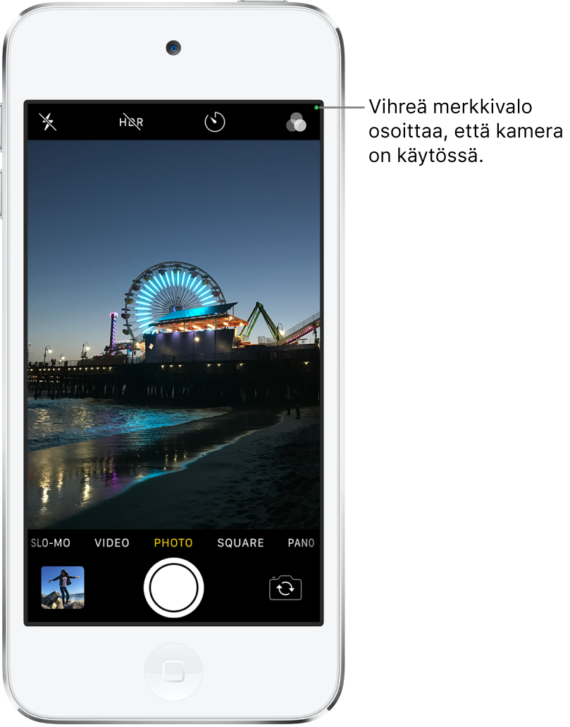 Kameran näyttö Kuva-tilassa. Yläoikealla oleva vihreä merkki osoittaa, että kamera on käytössä.