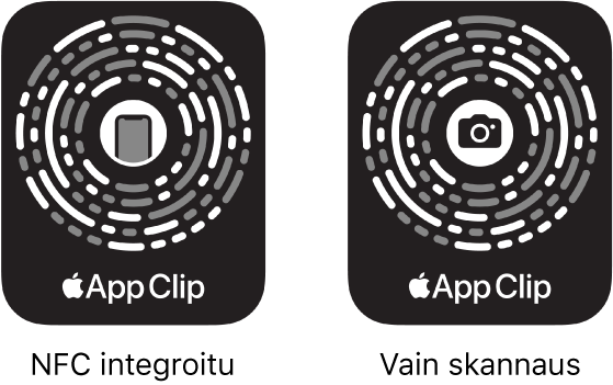 Vasemmalla on NFC-integroitu appiklippikoodi, jonka keskellä on iPhone-kuvake. Oikealla on skannattava appiklippikoodi, jonka keskellä on kamerakuvake.