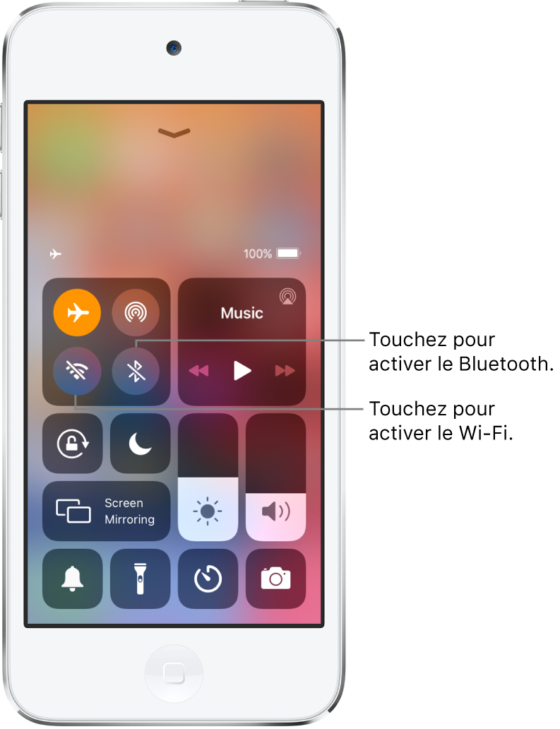 Centre de contrôle avec le mode Avion activé. Les boutons pour activer le Wi-Fi et le Bluetooth se trouvent près de l’angle supérieur gauche de l’écran.