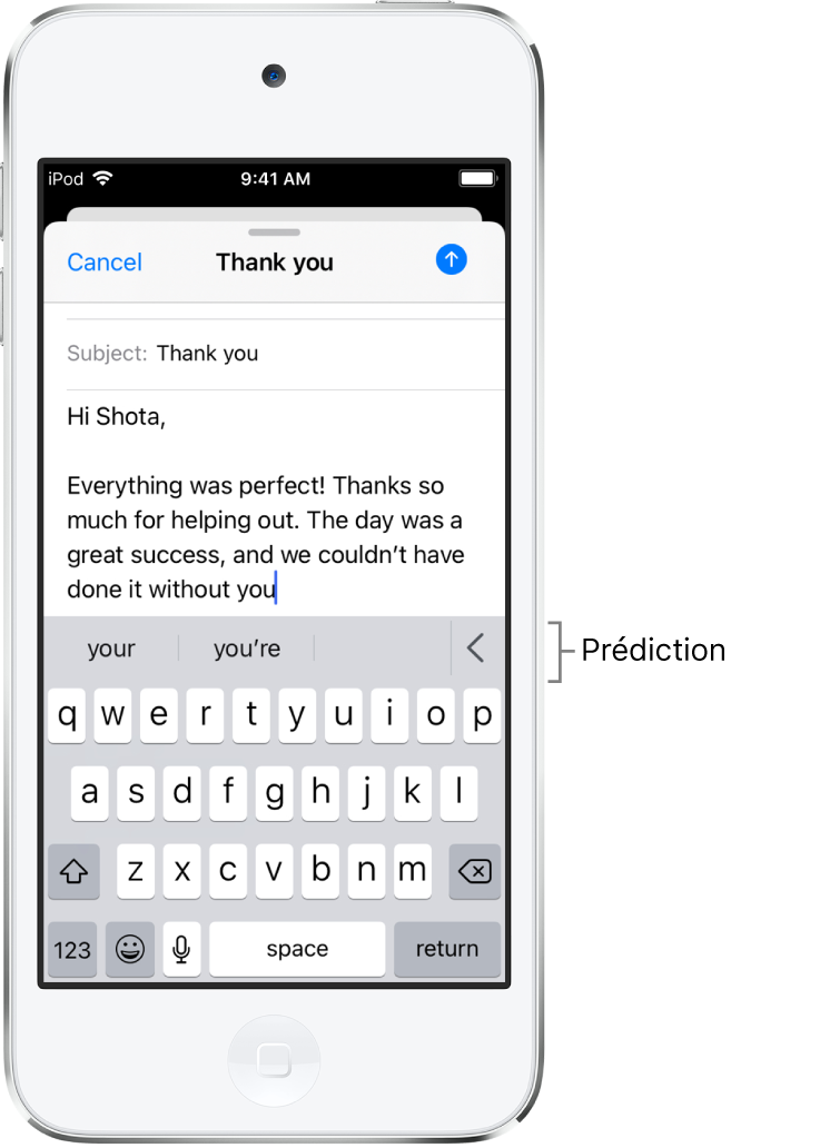 Message Mail montrant un e-mail en cours de modification, avec des suggestions pour terminer le mot suivant.