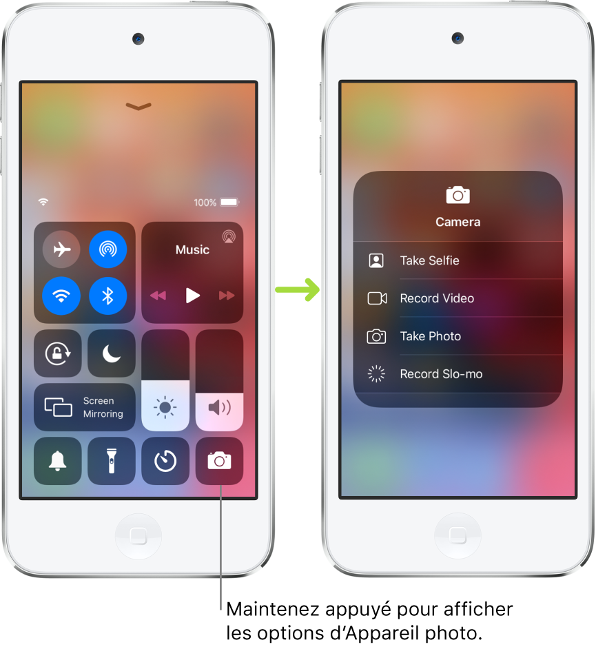 Deux écrans Centre de contrôle côte à côte : celui de gauche affiche les commandes pour le mode Avion, les données cellulaires, le Wi-Fi et le Bluetooth dans le groupe situé en haut à gauche, avec une légende invitant l’utilisateur à maintenir un doigt sur l’icône « Appareil photo » en bas à droite pour afficher les options associées. L’écran sur la droite montre les options supplémentaires pour « Appareil photo » : « Prendre un selfie », « Enregistrer une vidéo », « Prendre une photo » et « Enregistrer un ralenti ».