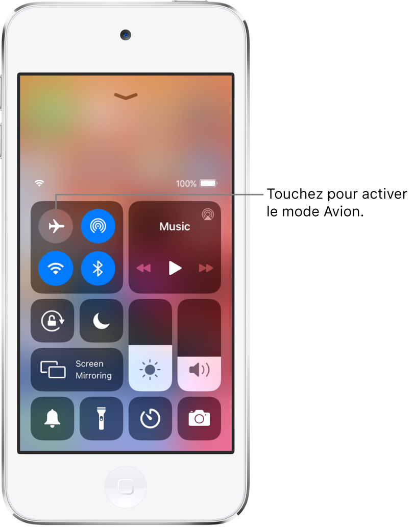 Un écran avec le Centre de contrôle et des légendes expliquant l’activation du mode Avion à l’aide d’une pression sur le bouton en haut à gauche.
