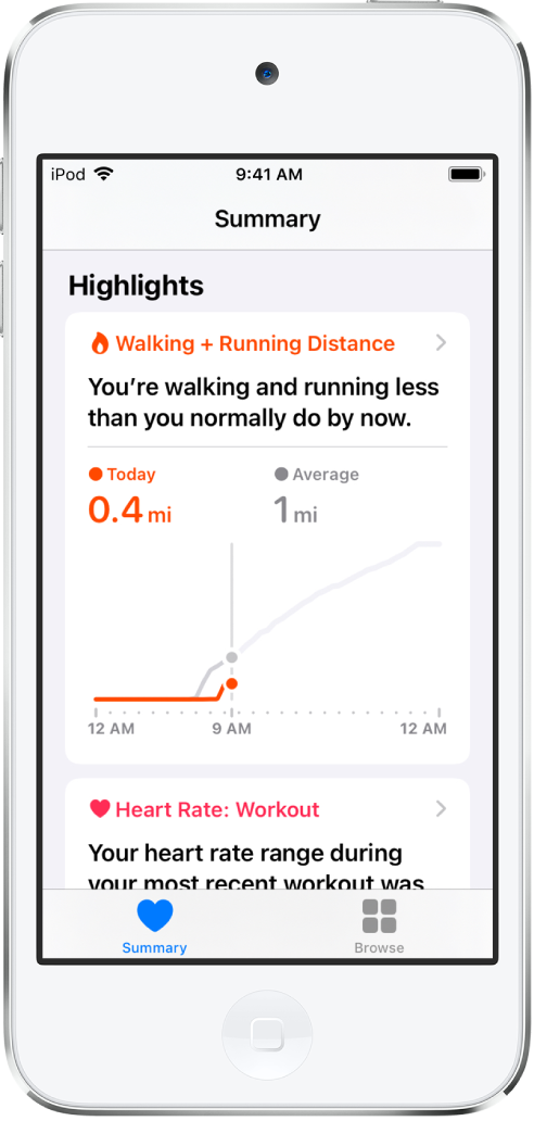 Un écran Résumé affichant comme point clé la distance de marche et de course à pied parcourue dans la journée