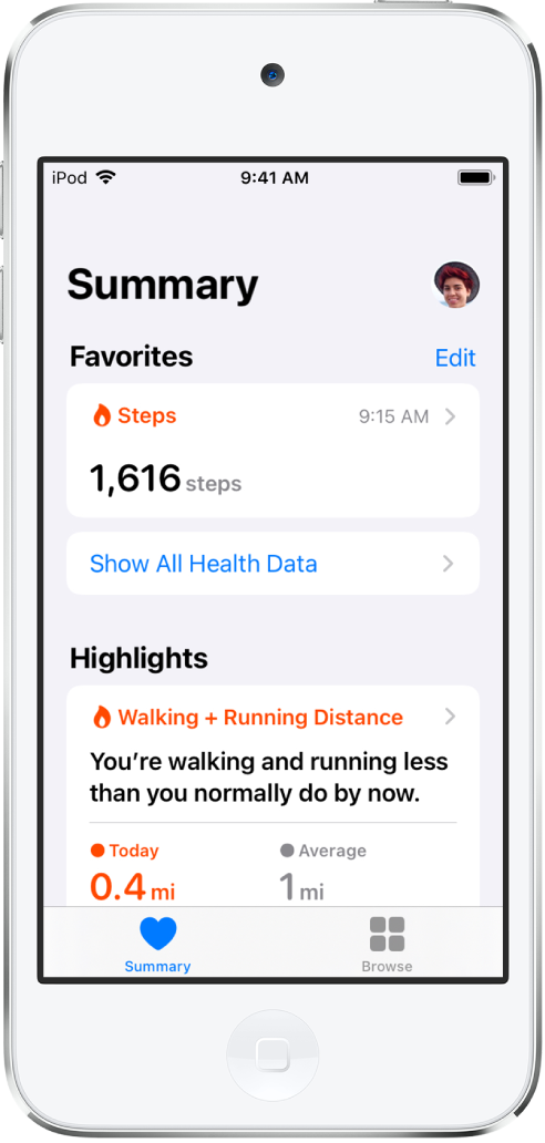 Écran Résumé montrant Étapes en tant que catégorie de Favoris. Sous Points clés, l’écran affiche des informations sur la distance de marche et de course à pied parcourue dans la journée.
