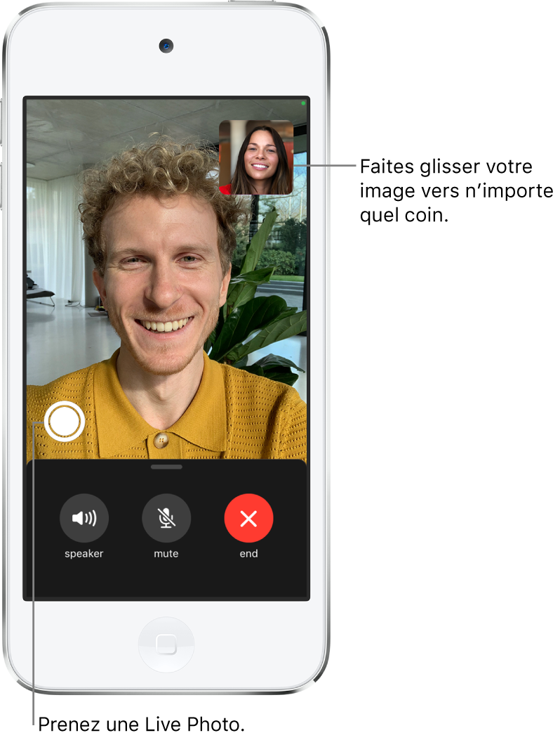 L’écran FaceTime montrant un appel en cours. Votre photo apparaît dans un petit rectangle dans le coin supérieur droit, et celle de l’autre personne occupe le reste de l’écran. En bas de l’écran se trouvent les boutons Haut-parleur, Couper le son et Fin.