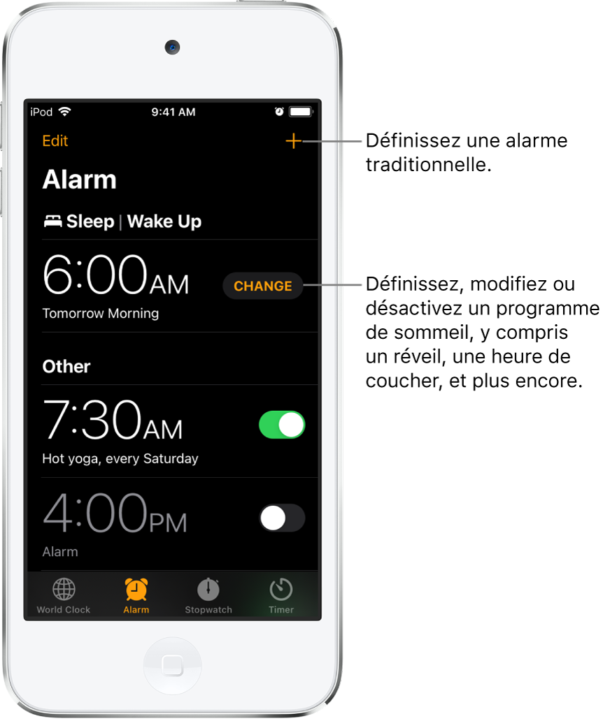 L’onglet Alarme affichant trois alarmes réglées à différentes heures, le bouton pour régler une alarme régulière en haut à droite, et l’alarme de réveil avec un bouton pour changer le programme de sommeil dans l’app Santé.