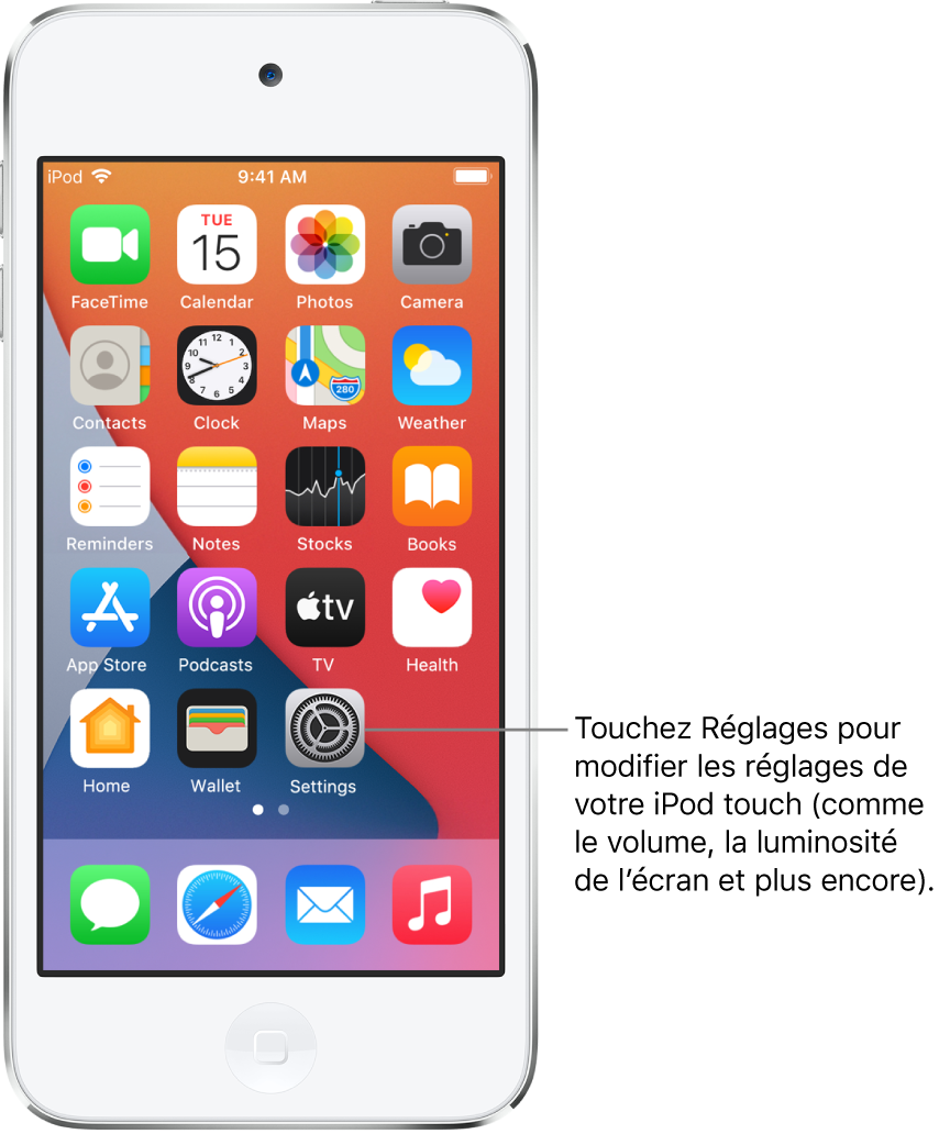 L’écran d’accueil avec plusieurs icônes d’apps, notamment l’icône de l’app Réglages, que vous pouvez toucher pour modifier le volume, la luminosité de l’écran et d’autres réglages de votre iPod touch.