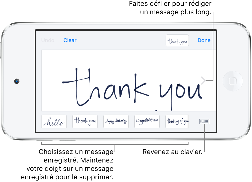 L’écran de message manuscrit, présentant un message manuscrit. En bas et de gauche à droite sont présents des messages enregistrés et le bouton Afficher le clavier.