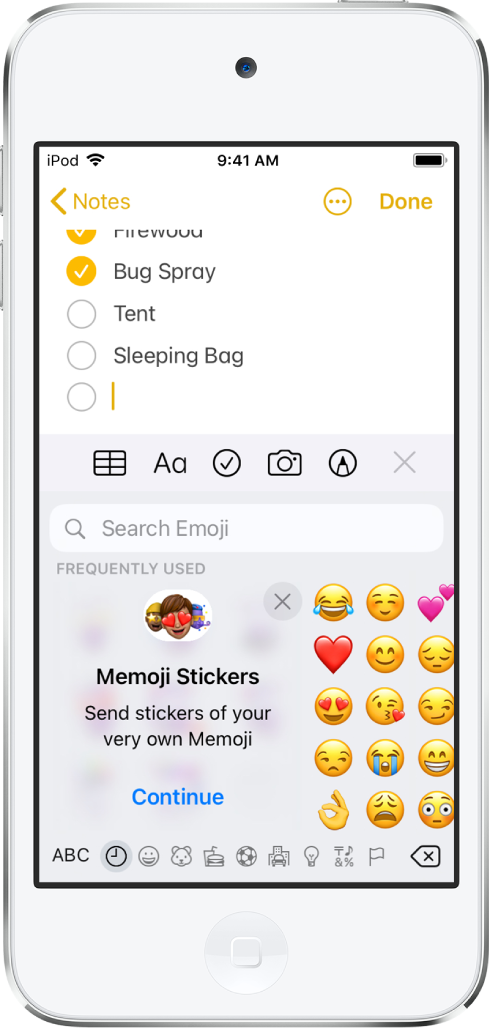 Note en cours de modification dans l’app Notes, avec le clavier Emoji ouvert et le champ « Rechercher un Emoji » en haut du clavier.