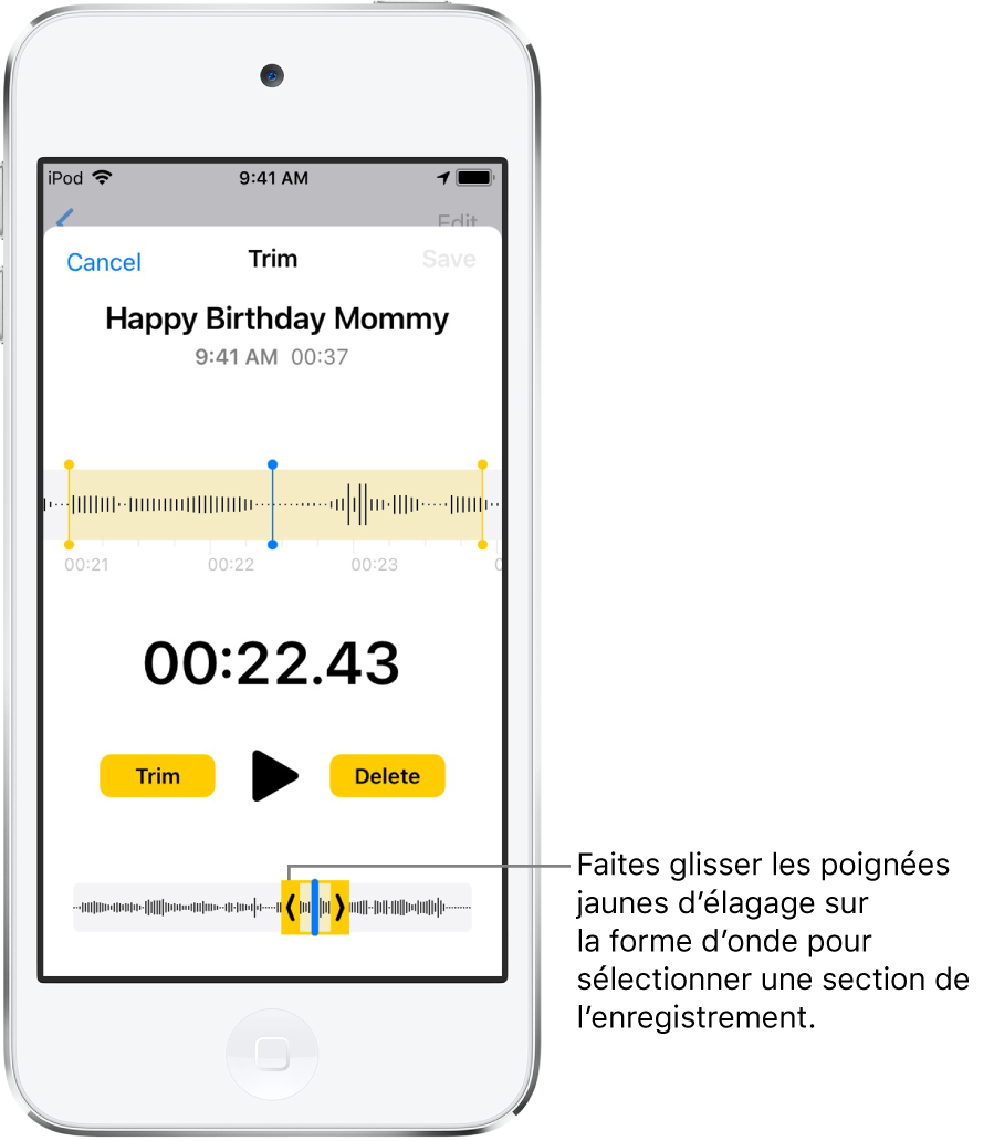 L’enregistrement en cours d’élagage avec les poignées d’élagage encadrant une partie de la forme d’onde audio au bas de l’écran. Un bouton Lecture et la durée de l’enregistrement figurent au-dessus de la forme d’onde. Les poignées d’élagage apparaissent sous le bouton Lecture. Des deux côtés du bouton Lecture se trouvent le bouton Raccourcir, permettant de supprimer la partie de l’enregistrement en dehors des poignées, et le bouton Supprimer, permettant de supprimer la partie de l’enregistrement à l’intérieur des poignées.