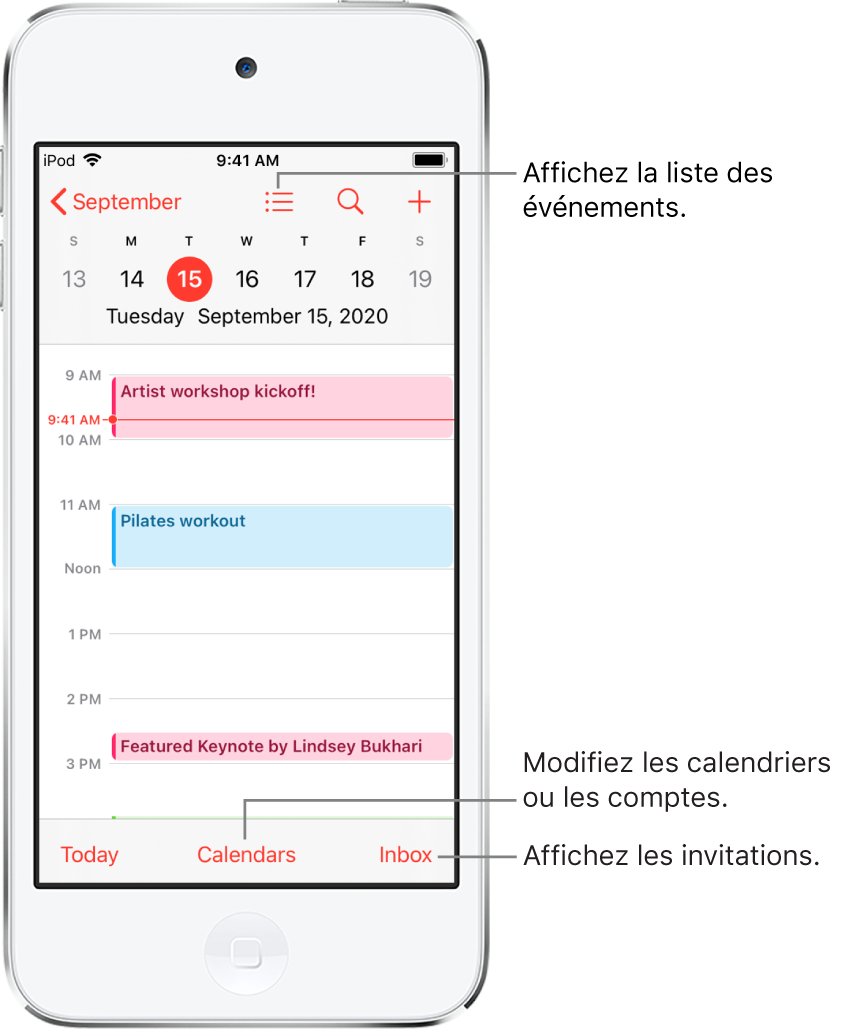 Un calendrier en présentation par jour montrant les évènements du jour. Touchez le bouton Calendriers en bas de l’écran pour changer de compte de calendrier. Touchez le bouton Notifications en bas à droite pour afficher les invitations.