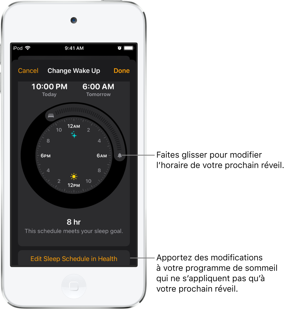 Un écran permettant de modifier l’alarme de réveil du lendemain, avec des boutons à faire glisser pour modifier les heures de coucher et de réveil, ainsi qu’un bouton pour modifier le programme de sommeil dans l’app Santé.
