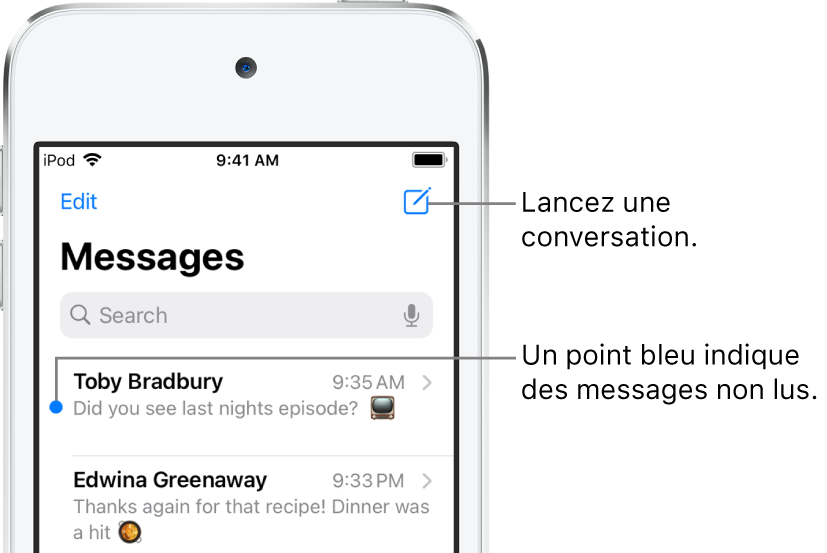 La liste Messages, le bouton Modifier en haut à gauche et le bouton Rédiger en haut à droite. Un point bleu à gauche d’un message indique que celui-ci n’a pas été lu.