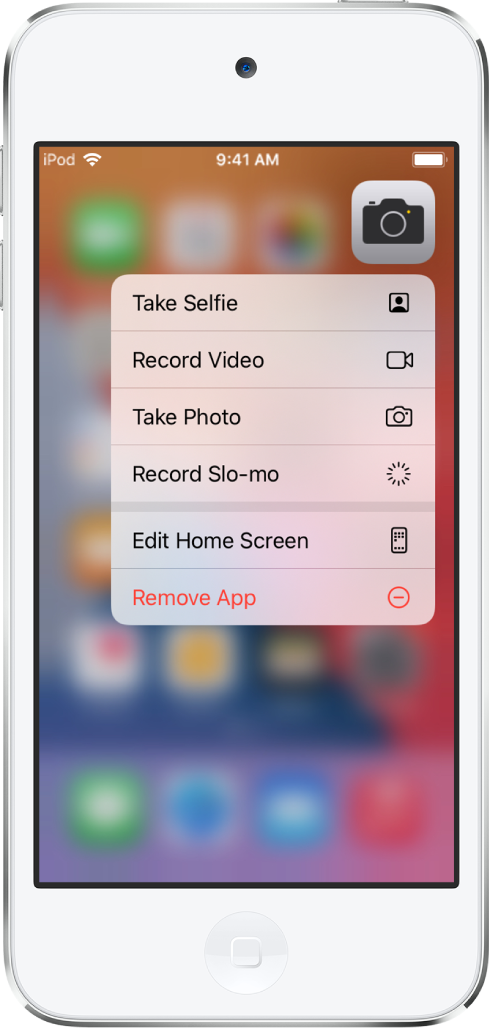 Écran d’accueil flouté, avec le menu des actions rapides de l’appareil photo s’affichant sous l’app Appareil photo.