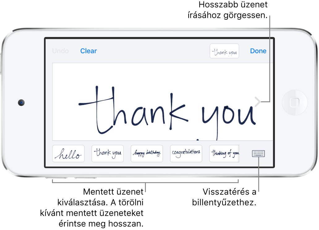 A kézíráshoz használható képernyő egy kézzel írott üzenettel. A képernyő alján balról jobbra az elmentett üzenetek láthatók, továbbá a Billentyűzet megjelenítése gomb.