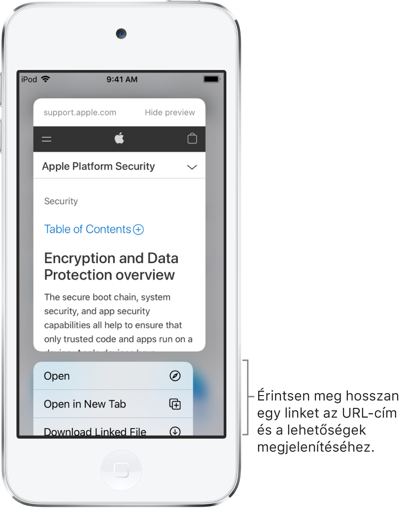 A célhely URL-címének előnézete egy rátéten a következő lehetséges műveletekkel: Megnyitás, Hozzáadás az olvasási listához, Hozzáadás a Fotókhoz, Másolás és Megosztás.