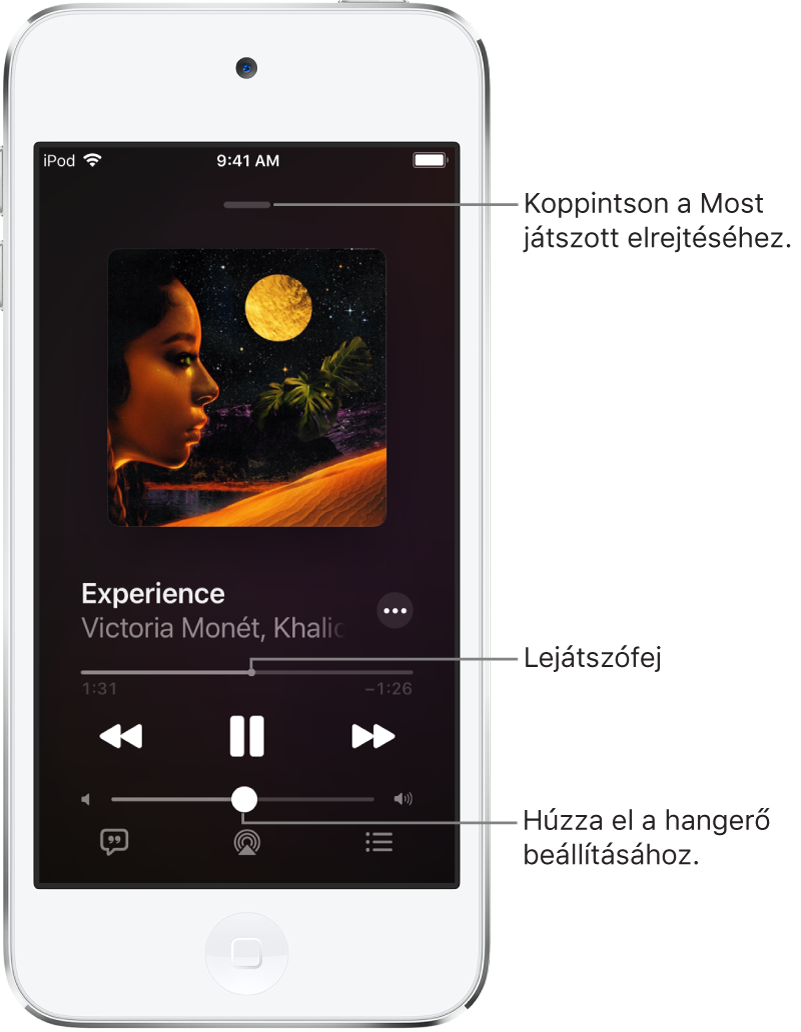 A Lejátszás alatt képernyő az albumborítóval. Alatta a dal címe, az előadó neve, a Továbbiak gomb, a lejátszófej, a lejátszási vezérlők, a hangerőcsúszka, a Dalszöveg gomb, a Lejátszási cél gomb és a Várakozási sor gomb látható. A Lejátszás alatt elrejtése gomb a képernyő tetején található.