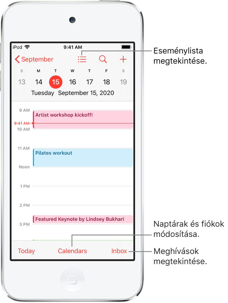 Egy napi nézetben megjelenített naptár az adott nap eseményeivel. Koppintson a Naptárak gombra a képernyő alján a naptárfiókok közötti váltáshoz. Koppintson a Bejövő gombra a jobb alsó részen a meghívók megtekintéséhez.