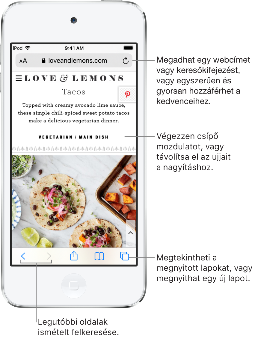 Egy webhely a Safariban, felül a címmezővel. A képernyő alján balról jobbra a következő gombok láthatók: Vissza, Előre, Megosztás, Könyvjelzők és Oldalak.