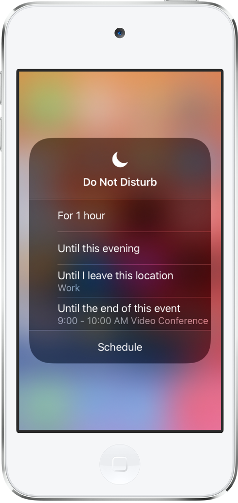 A Ne zavarjanak funkció időtartamának kiválasztására szolgáló képernyő a következő lehetőségekkel: „1 órán át", „Ma estig", „Amíg el nem megyek innen" és „Ennek az eseménynek a végéig".