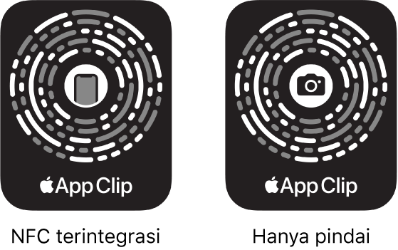 Di sebelah kiri, Kode Cuplikan App terintegrasi NFC dengan ikon iPhone di pusatnnya. Di sebelah kanan, Kode Cuplikan App hanya pindai dengan ikon kamera di pusatnnya.