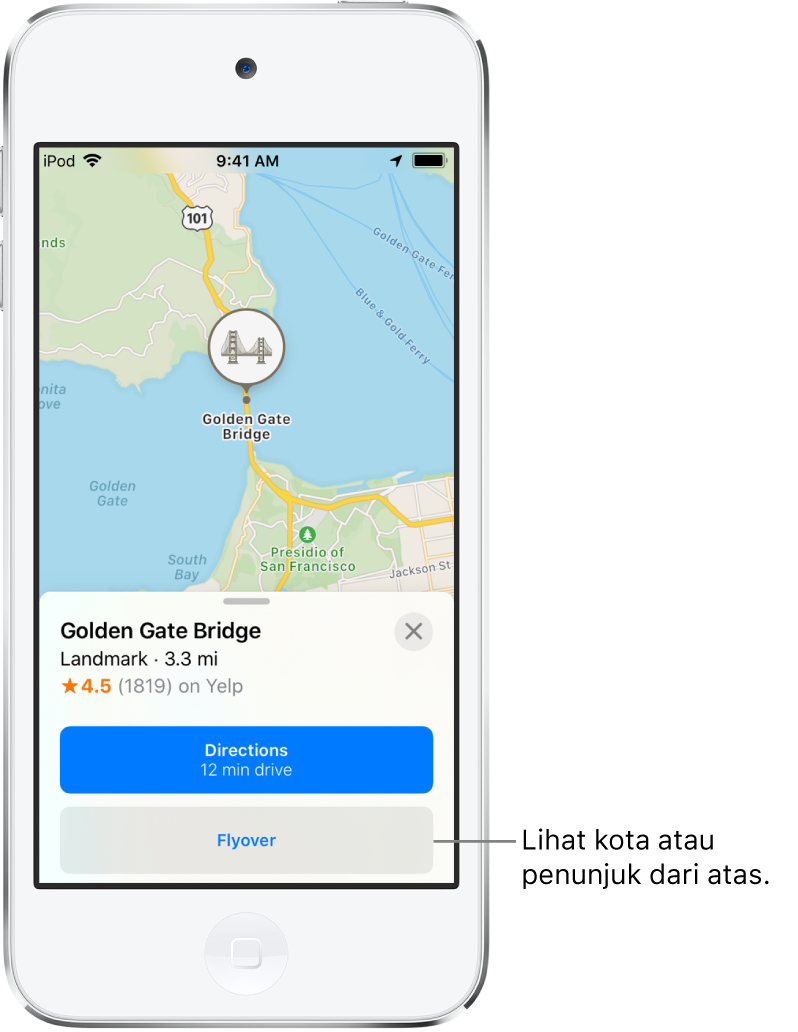 Kartu informasi untuk Golden Gate Bridge menampilkan tombol Flyover di bawah tombol Petunjuk Arah.