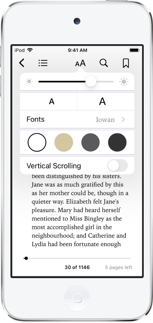 Menu tampilan menampilkan kontrol untuk, dari atas ke bawah, kecerahan, ukuran font, font, warna halaman, dan tampilan gulir.