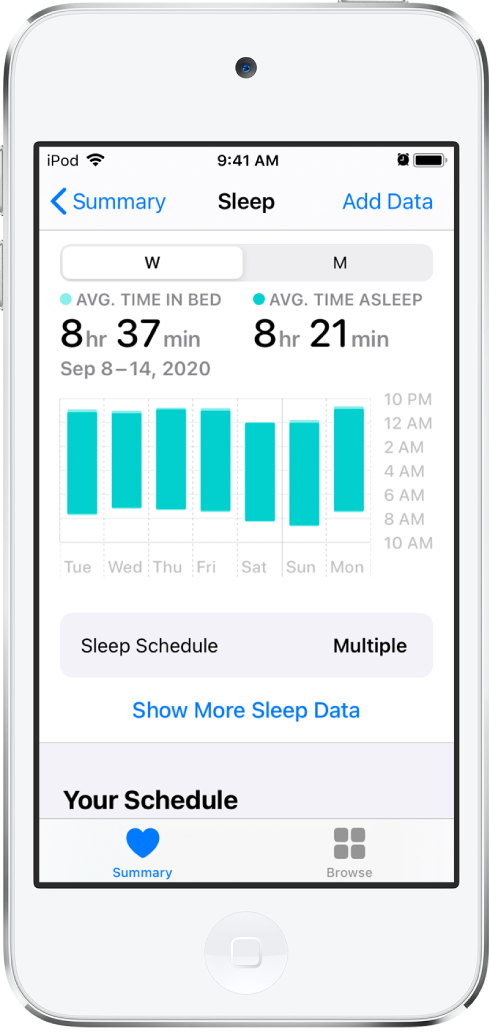 Layar Tidur menampilkan data untuk satu minggu, termasuk waktu rata-rata di tempat tidur, waktu rata-rata tidur, dan grafik waktu harian di tempat tidur serta waktu tidur.