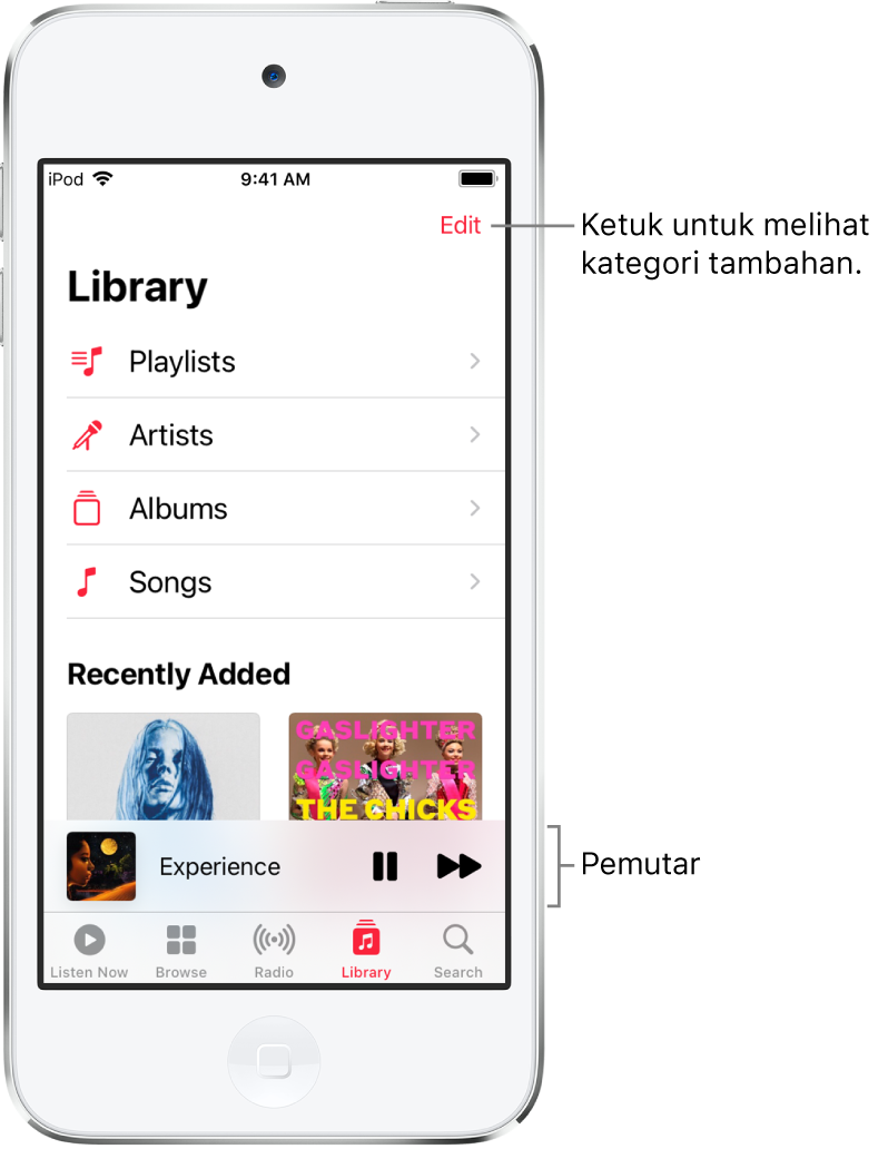 Layar Perpustakaan menampilkan daftar kategori termasuk Daftar Putar, Artis, Album, dan Lagu. Judul Baru Ditambahkan muncul di bawah daftar. Pemutar menampilkan judul lagu saat ini serta tombol Jeda dan Berikutnya muncul di dekat bagian bawah.