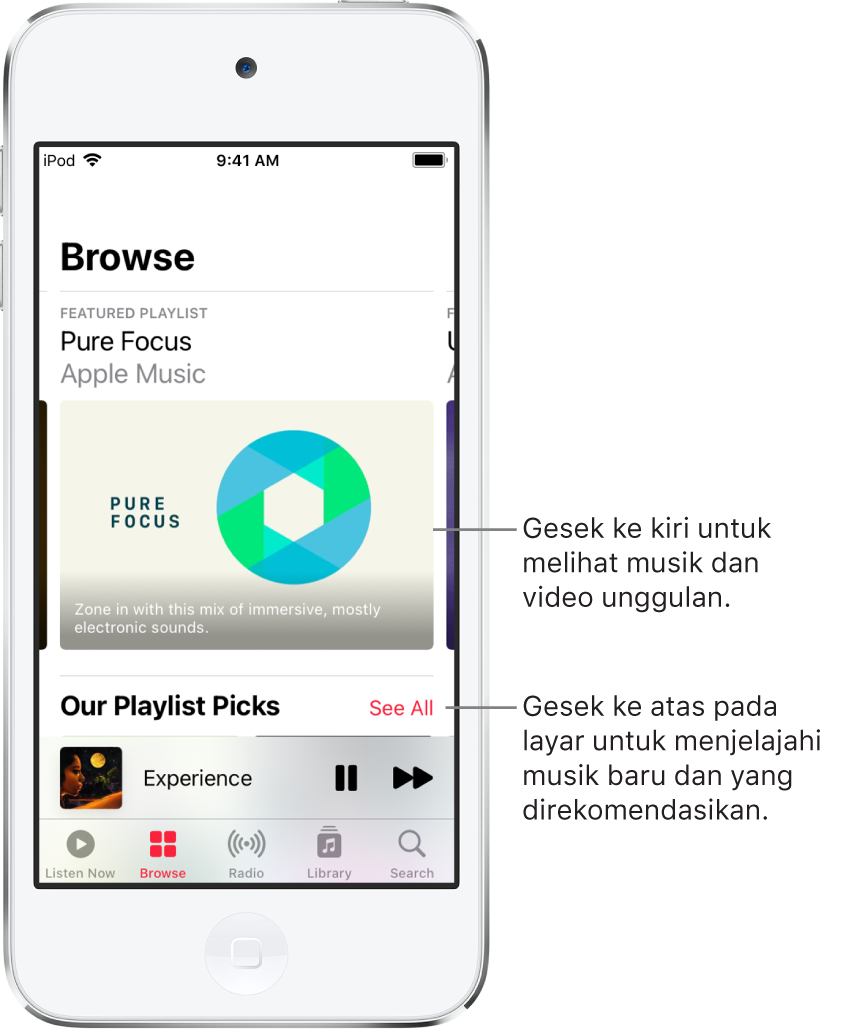 Layar Telusuri menampilkan musik unggulan di bagian atas. Anda dapat menggesek ke kiri untuk melihat musik dan video unggulan lainnya. Bagian Pilihan Daftar Putar Kami muncul di bawah, menampilkan dua stasiun Apple Music. Tombol Lihat Semua ditampilkan di sebelah kanan Pilihan Daftar Putar Kami. Anda dapat menggesek ke atas di layar untuk menjelajahi musik baru dan yang direkomendasikan.