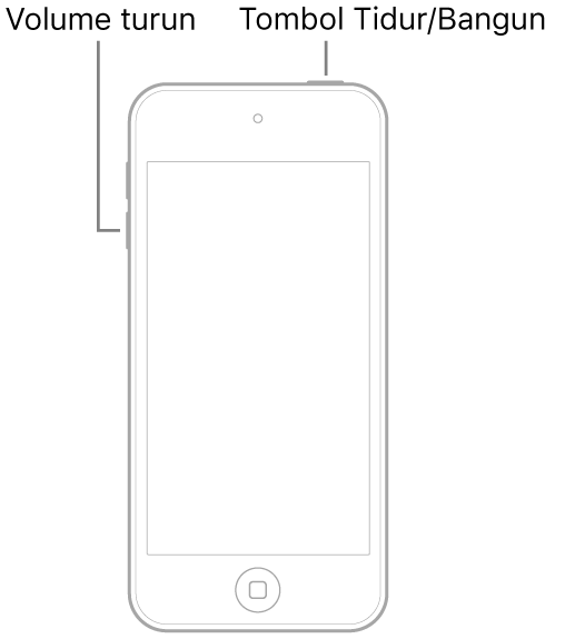 Ilustrasi iPod touch dengan layar menghadap ke atas. Tombol Tidur/Bangun ditampilkan di bagian atas perangkat, dan tombol volume turun ditampilkan di sisi kiri perangkat.