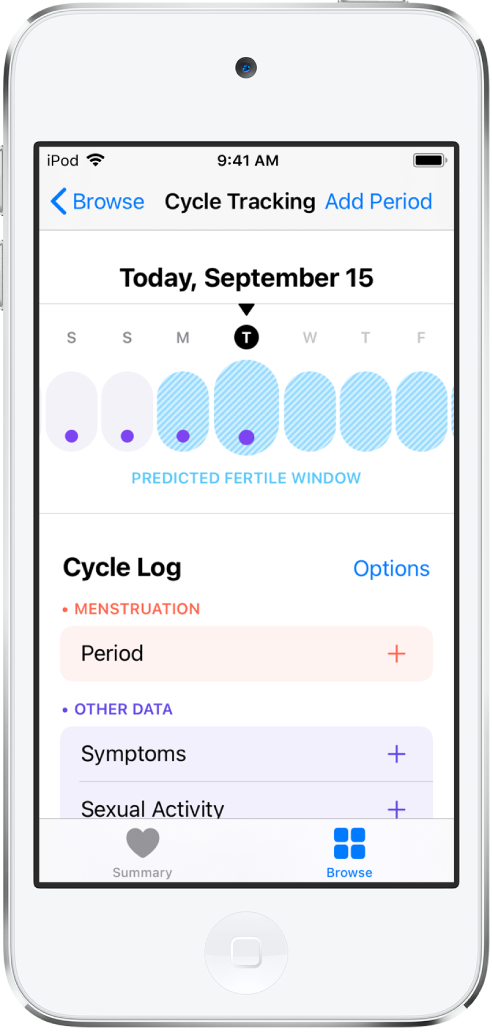 Layar Pelacakan Siklus menampilkan garis waktu untuk seminggu di bagian atas layar. Titik ungu menandai empat hari pertama di garis waktu, dan lima hari terakhir berwarna biru muda. Di bawah garis waktu terdapat pilihan untuk menambahkan informasi mengenai haid, gejala, dan lainnya.