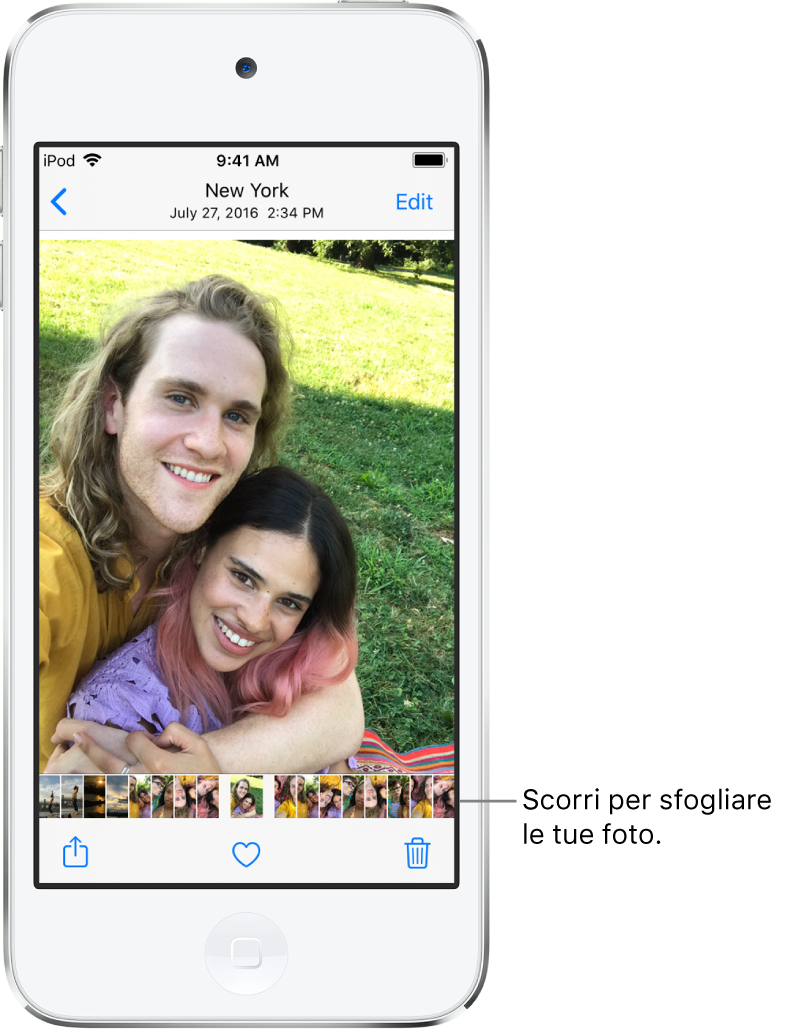 Una foto con miniature di altre foto nella parte inferiore dello schermo. In alto a sinistra è presente un pulsante Indietro, che ti riporta al pannello in cui stavi sfogliando i file. Lungo la parte inferiore dello schermo sono presenti i pulsanti Condividi, “Mi piace” ed Elimina. In alto a destra è presente il pulsante Modifica.
